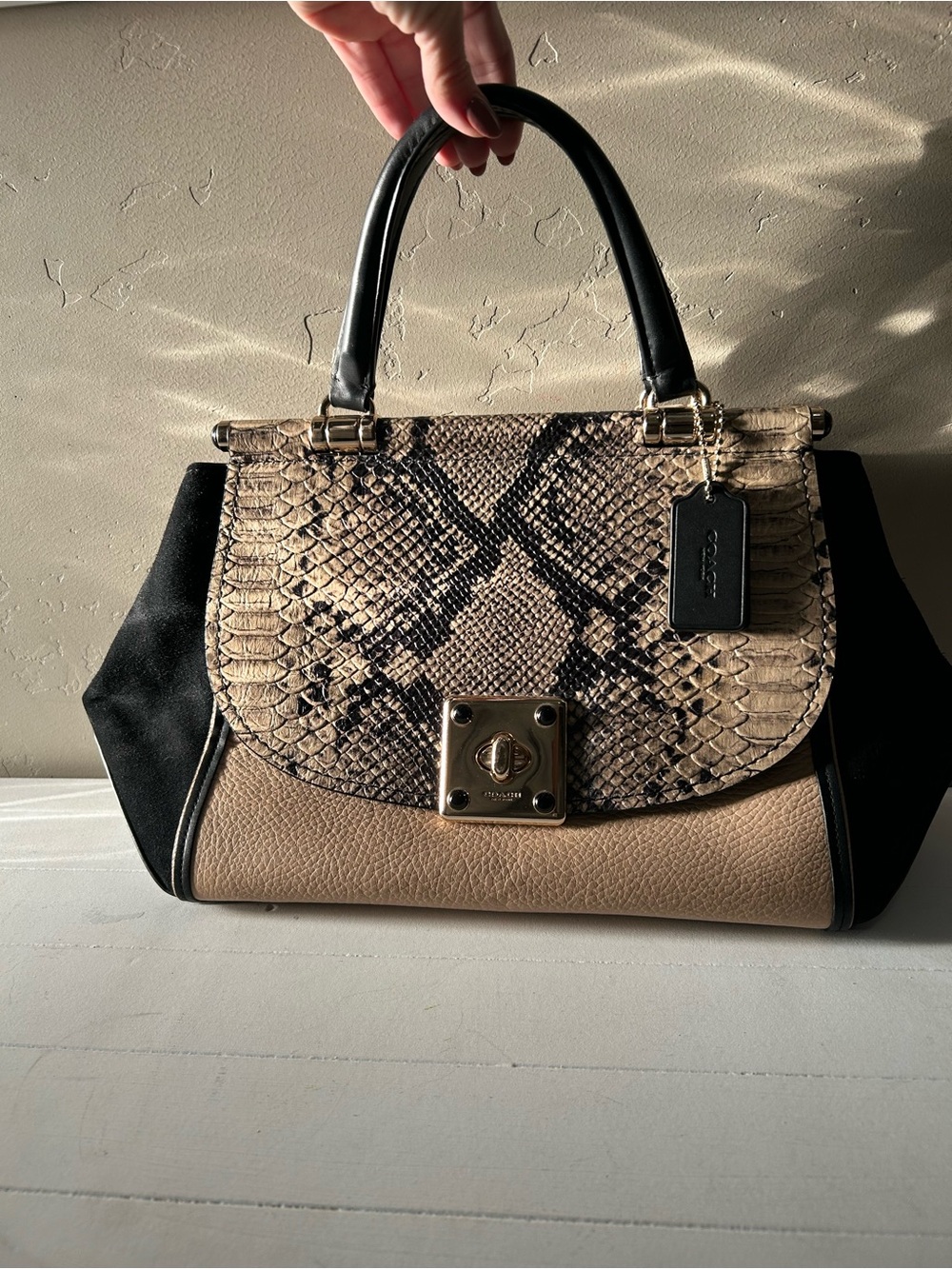 Coach Beige and Black Snake-Print Satchel